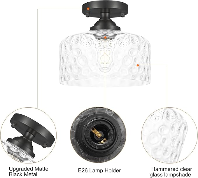 Small Semi Flush Mount Ceiling Light Fixture, Vintage Black Close to Ceiling Lighting with Hammered Glass Shade for Hallway, Kitchen, Entryway (Retro Design, Easy Install)