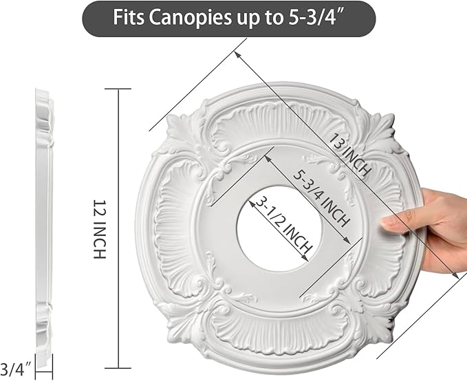 EIFHYT 2 Pack White Home Lighting Ceiling Medallions Molded Plastic, 13" OD x 3-1/2"ID x 3/4" P