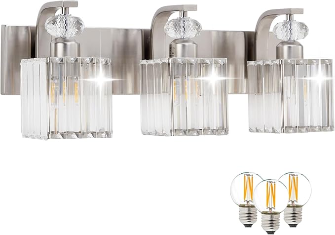 Modern Bathroom Vanity Light, 3-Light Nickel Bathroom Lighting Fixtures Over Mirror, 20.5" Crystal Wall Light Sconce for Bathroom/Bedroom/Vanity, Includes LED Bulbs, Easy Installation
