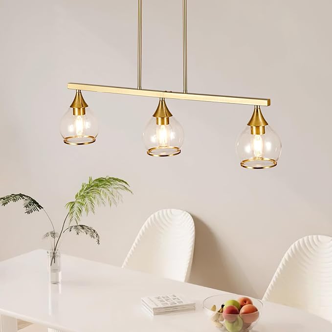 Island Light for Kitchen, 3-Light Gold Kitchen Island Linear Hanging Pendant Chandeliers, Brushed Gold Dining Room Light Fixture Over Table with Clear Round Glass Shades
