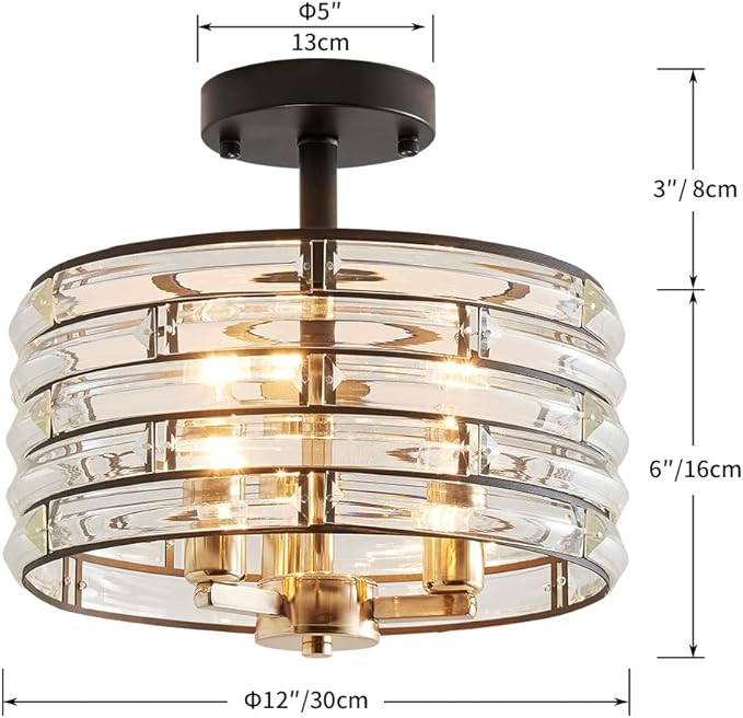 AGV LIGHTING CH015BB Crystal Semi Flush Mount Ceiling Light Fixture, E12 Base 3-Lights, D12 x H 9", Crystal Lamp Shade, Light Gold & Matte Black Finish