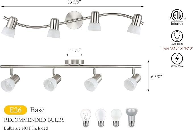 XiNBEi Lighting Track Lighting, 4 Light S-Shaped Track Light Bar with Glass, Modern Kitchen Ceiling Light Bar Brushed Nickel XB-TR1238-4-BN