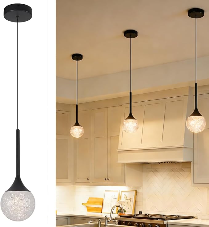 Black Pendant Lights Kitchen Island, Bubble Crystal Globe Ceiling Hanging Light Fixture, Dimmable LED Light Fixture for Kitchen Island Dining Room Bar Bedroom, 3000K