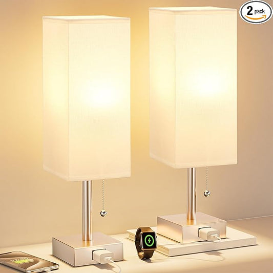 Gold Bedside Table Lamps for Bedroom Set of 2 - Small Rectangular Nightstand Lamp with AC Outlet Charging Port, 3 Color Temperatures Desk Light, Tabletop Reading Lamp for Living Room/Dorm/Office