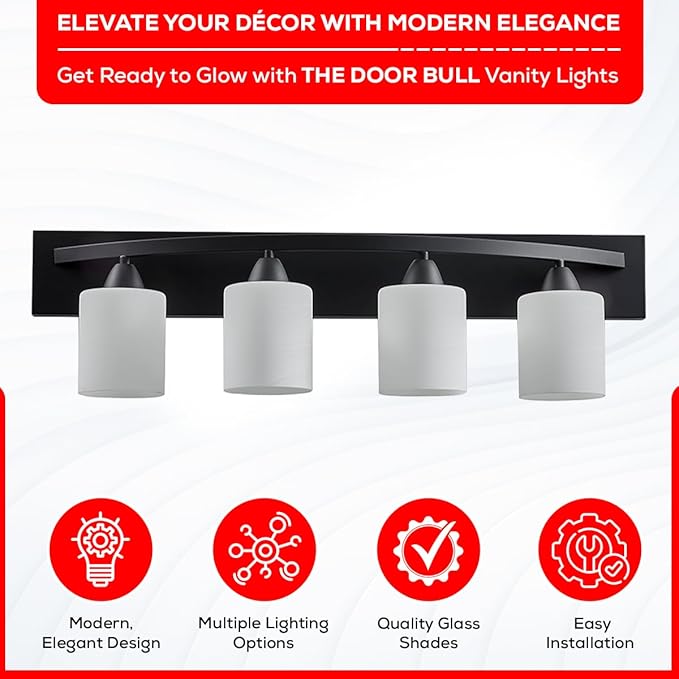 The Door Bull Modern 4-Light Bathroom Vanity Light – Matte Black Fixture with Frosted Glass Shades, E26 Socket – Wall Sconce for Mirror, Bathroom, Kitchen, Hallway, Entryway