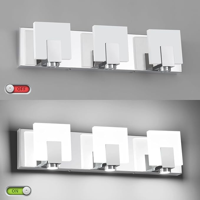 SOLFART Bathroom Lighting Fixtures Over Mirror Chrome 3 Light Bathroom Vanity Light Dimmable LED Lights Stainless Steel Acrylic
