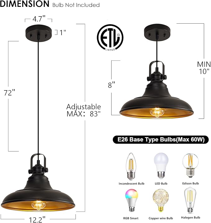 Black Farmhouse Pendant Light,Blacks Pendant Lighting for Kitchen Island,Matte Black Hanging Lighting Fixture Over Sink for Dinning Room Bedroom Hallway,3 Packs