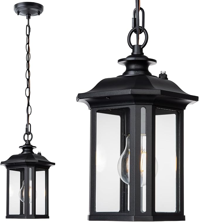 JYZ Dusk to Dawn Outdoor Pendant Lighting, Exterior Hanging Lantern Light Fixture, Classic Black Outdoor Chandelier, Outside Ceiling Mount Hanging Lamp for Porch Hallway Foyer Patio Gazebo Pergola