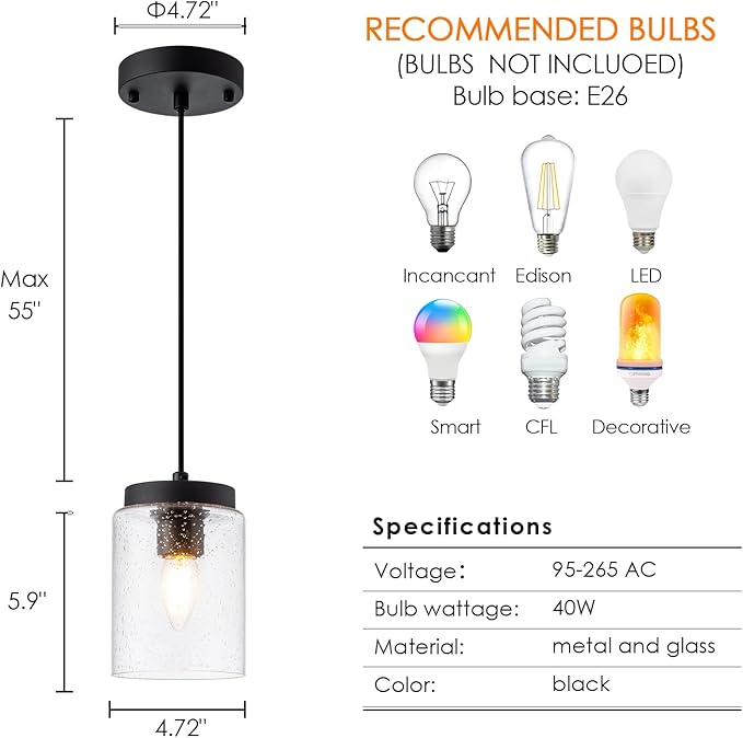 3 Pack Seeded Glass Pendant Light Black Pendant Lighting Modern Mini Hanging Lighting Adjustable Cord for Kitchen Island Dining Room Sink,4.7in