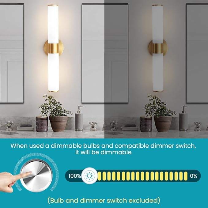 Gold Bathroom Light Fixtures, Vanity Lights for Mirror with Milk Glass Shade, 20 Inch Up and Down Wall Sconces for Bathroom Bedroom Living Room Hallway - Bulb Not Included