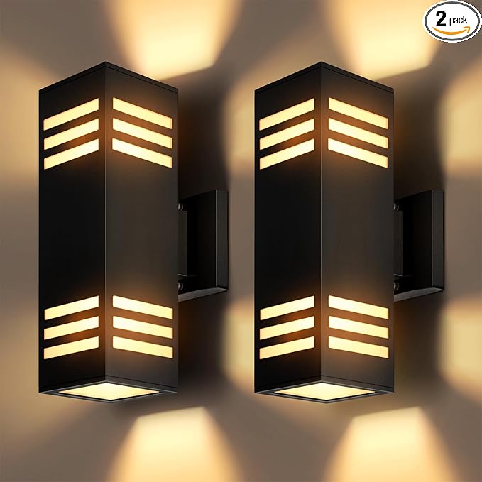 2-Pack Modern Outdoor Wall Lights, IP65 Waterproof Up & Down Porch Light Fixtures with E26 Bulbs, Aluminum Wall Sconces for Garage, Patio, Entryway, 2700K Warm Light