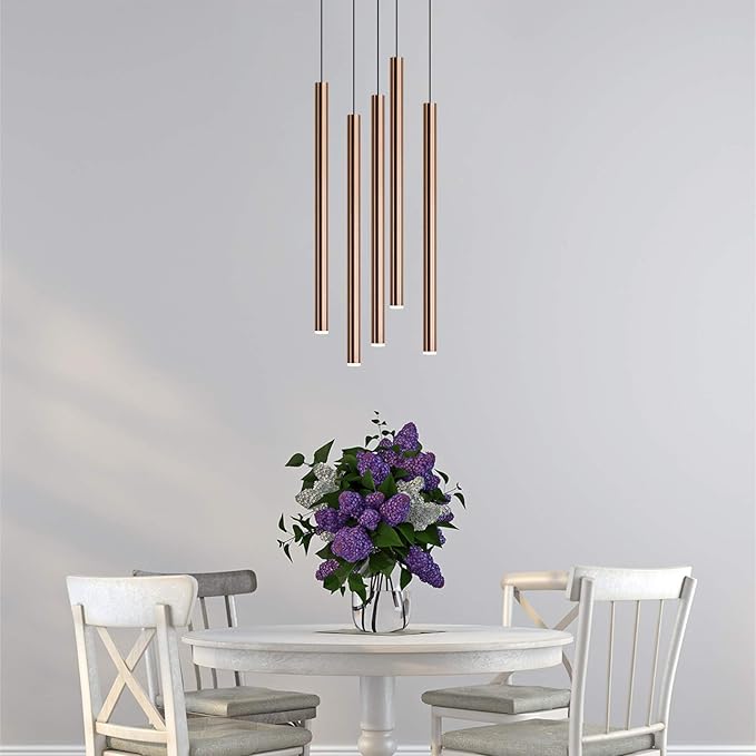 CANALIS 5 Mini Pendant Lighting Copper - LED Hanging Light Fixture for Kitchen Island, Bar, Foyer - Cluster Pendants - Dimmable, Adjustable Wire, Lamp Bulb Included