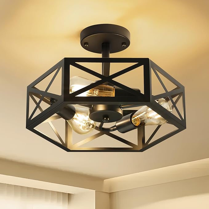 Modern Semi Flush Mount Ceiling Light,3-Light Hexagon Flush Mount Ceiling Lights for Dining Room Light Fixture,Farmhouse Black Metal Kitchen Island Lighting Fixtures for Hallway,Bathroom