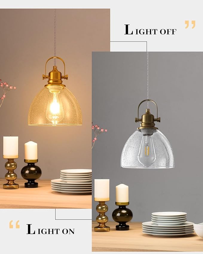Gold Glass Pendant Lights Kitchen Island, 7.5" Blown Glass Pendant Light, Gold Modern Pendant Lights 1-Pack, Kitchen Hanging Lights for Kitchen Island, Dining Room, Bathroom, Cafe
