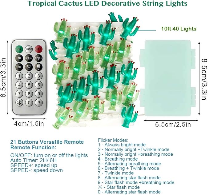 MIYA LIFE Cactus String Lights Battery Operated with Remote Green Acrylic Cactus Lights for Summer Tropical Decor
