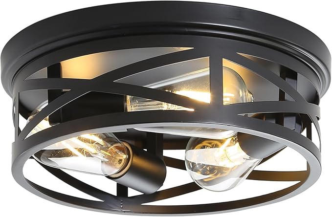EMONG Farmhouse 3-Light Black Flush Mount Ceiling Light, Vintage Industrial Closed to Ceiling Mount Lamp,Metal cage Light Fixture for Entryway Hallway Kitchen Bedroom