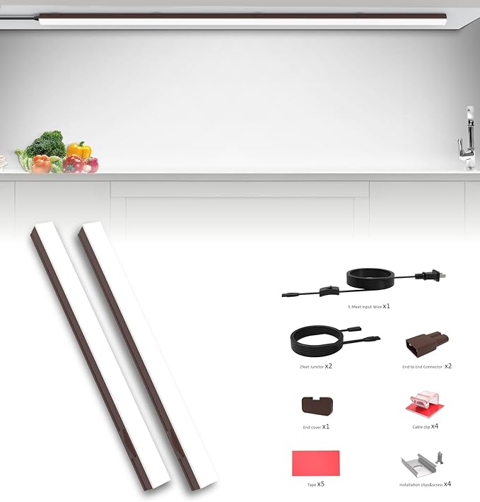 Leetdud Under Cabinet Lighting Plug in, 12 Inch 2 Pcs, Linkable AC120V 3CCT 3000K/4000K/5000K Ultra Slim, LED Under Cabinet Lights for Counter Light, Kitchen, Shelf, Sink, Workshop, Desk, Bronze