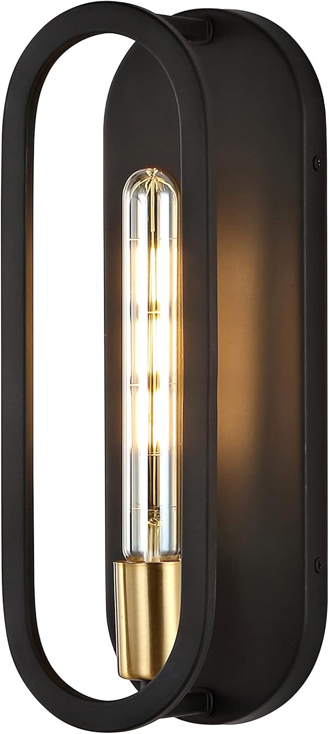 JONATHAN Y 4.75" Black/Brass Gold LED Wall Sconce, 1-Light Mid-Century Lamp for Bathroom Vanity, Bedroom, Hallway, Dimmable Bohemian Metal Fixture, LED Bulb Included (JYL9917B)