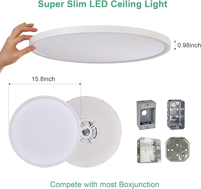 1PK 15.8 Inch LED Flush Mount Ceiling Light Fixture, 32W,3200LM,3000K/4000K/6000K CCT Selectable,0.67 inch Super Slim LED Ceiling Light for Bedroom,Hallway,Kitchen,White
