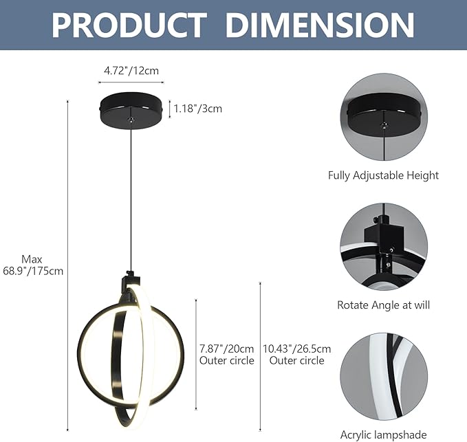Modern LED Pendant Lights Plated Black Farmhouse Ring Pendant Light Fixtures 4000K Dimmable Round Pendant Lighting for Dining Room Kitchen Island Bedroom Living Room Foyer（3-Pack）