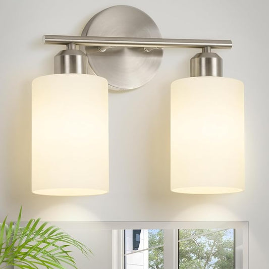 Brushed Nickel Bathroom Light Fixtures, 2-Light Modern Vanity Light Over Mirror, Wall Sconces with Milky White Frosted Glass Shades for Hallway, E26