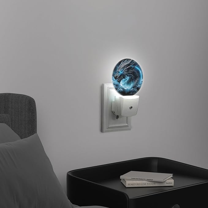 Round LED Night Lights Lamp with Dusk to Dawn Sensor, Fierce Dragon with Glowing Blue Eyes Night Light Plug Into Wall for Kids Room, Bedroom, Bathroom, Kitchen, Hallway