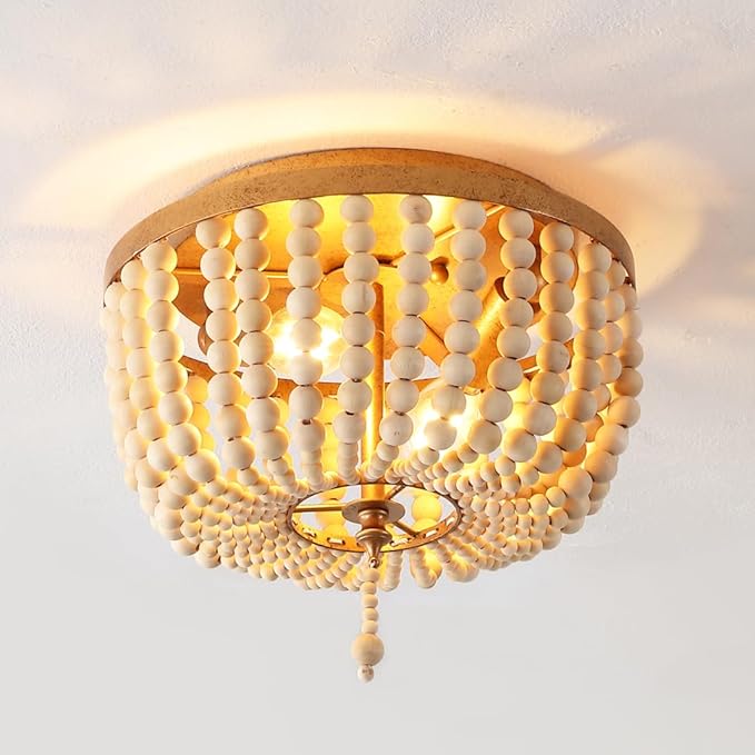 JONATHAN Y 10" Antique Gold/Cream Allison 2-Light LED Flush Mount Ceiling Light for Bedroom, Wood Beaded Shade Shabby Chic Farmhouse Rustic Decor, LED Bulbs Included JYL9074A