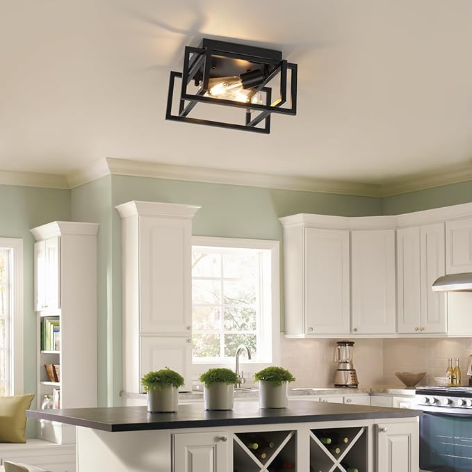 WILON Black Ceiling Light Fixture, Modern Square Semi Flush Chandelier Ceiling Lamp for Kitchen Dining Room Bedroom Laundry Room Living Room (2 Lights)