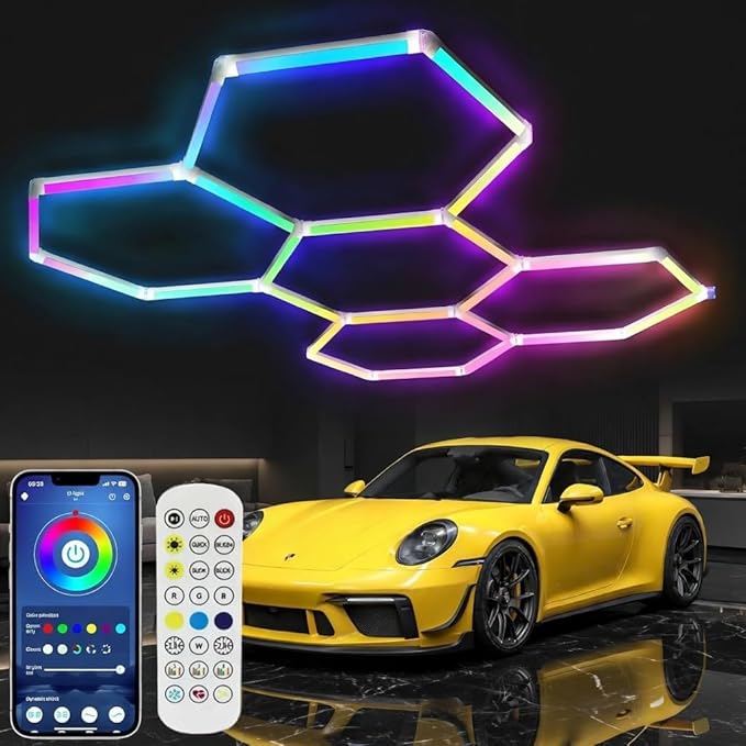 25Pack RGB 5 Hexagon LED Garage/Wall Lights, RGB 358 Kinds of Changes Dimmable Speed-Adjustable DIY Color-Changing Lights