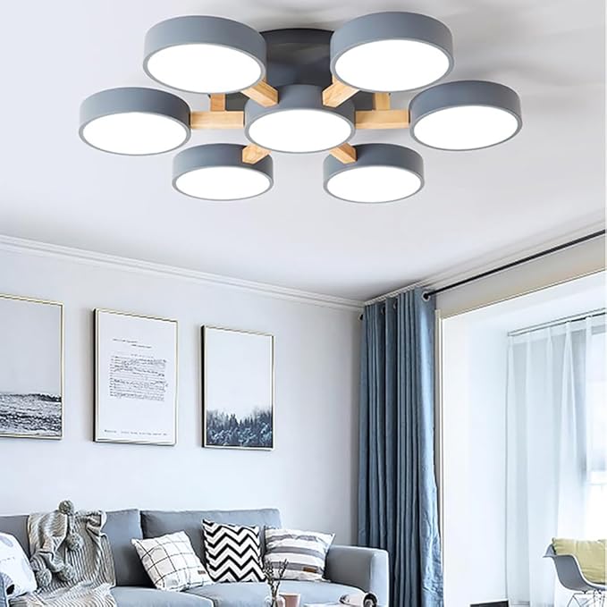 LED Ceiling Light Fixture,32 Inch 7-Lights Modern Ceiling Lights Flush Mount Wooden 84W Chandelier for Living Room Bedroom Kitchen,Dimmable 3000K/4000K/6000K Temperatures Selectable, Grey