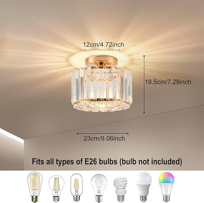 Gold Ceiling Lamp, Semi Flush Mount, Small Crystal, Entryway Chandelier for Dining Room, Bedroom, Kitchen