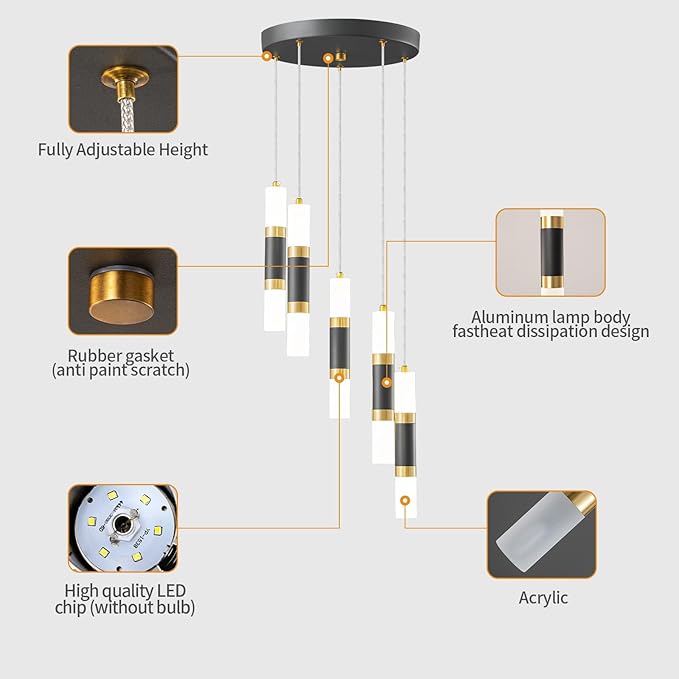 5-Light Modern Pendant Light Kitchen Island Light Fixture Dimmable LED Black Mini Pendant Lights Dinning Room Kitchen Black Gold Pendant Lighting