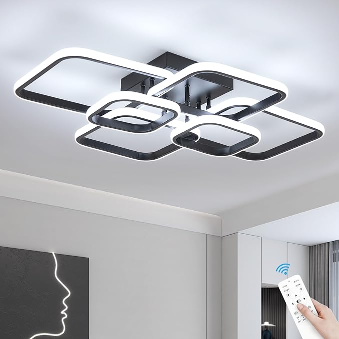 31.5" Modern LED Ceiling Light 6-Square Dimmable Ceiling Light Fixtures with Remote 3000K-6000K Black Close to Ceilings Lamp 60W for Living Room, Bedroom