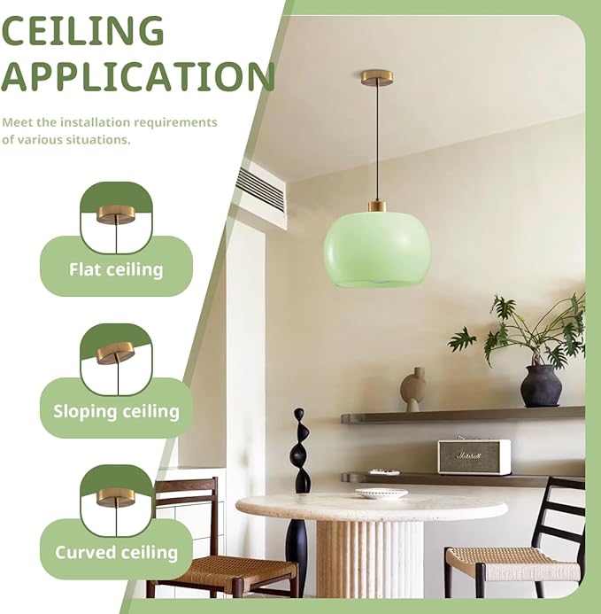 2 Pack Nordic Modern Pendant Lighting, Gold Round Green Glass Hanging Ceiling Light Fixtures for Kitchen Island Dining Room Hallway