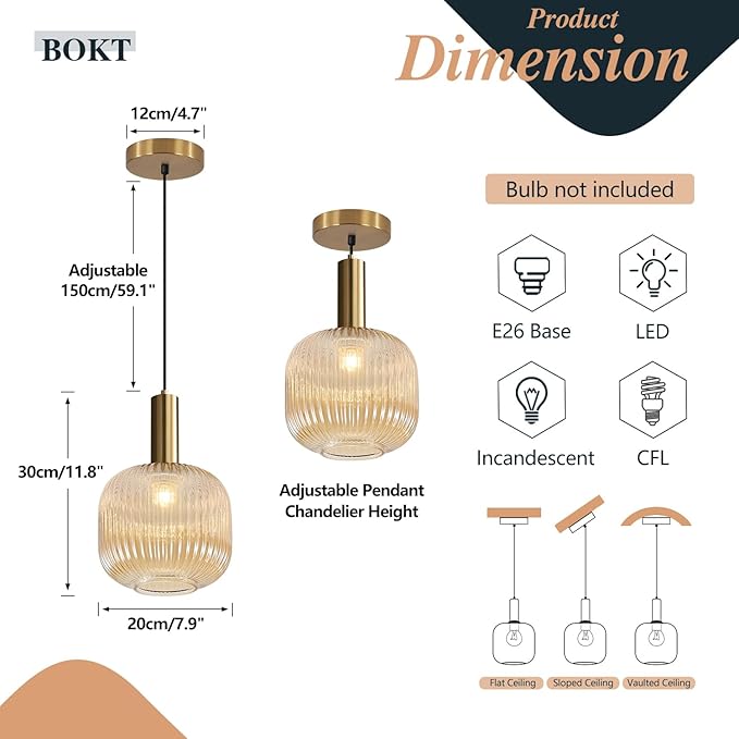 BOKT Modern Large Amber Glass Globe Pendant Light Fixture Brushed Brass Gold Kitchen Island Pendant Lighting Farmhouse Single 1-Light Spherical Ceiling Hanging Pendant Light (Amber)