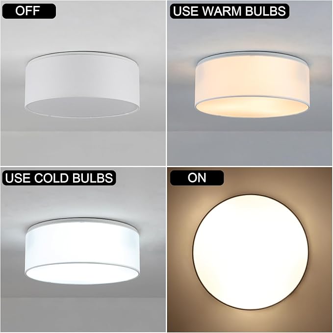 Luupyia 3-Lights Drum Ceiling Light Fixture 12.6 Inches, White Semi Flush Mount Ceiling Lighting with Fabric Drum Shade, Farmhouse Chandeliers for Bedroom, Hallway, Entry, Foyer E26 60W