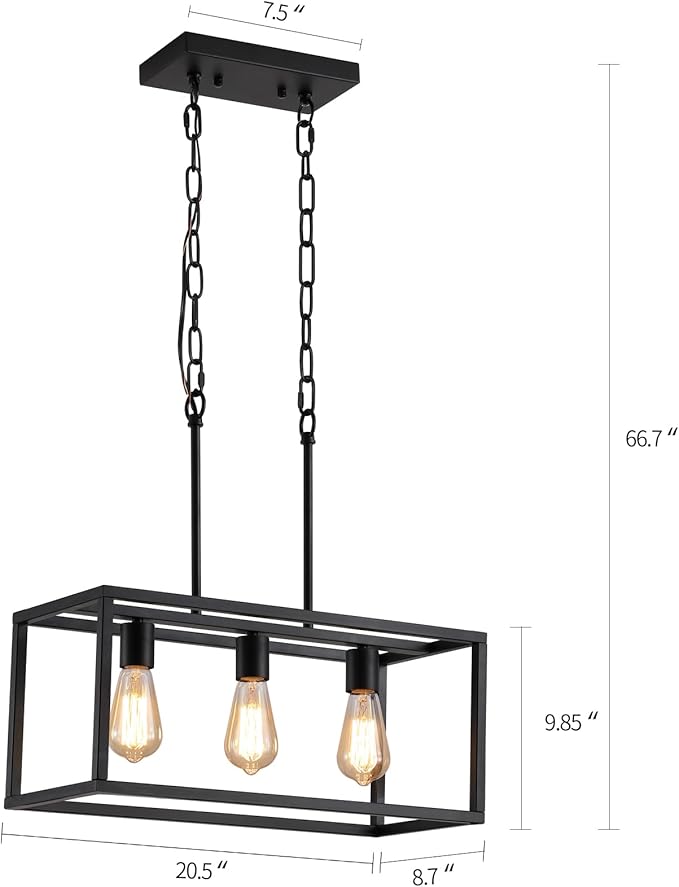 AMZASA 3-Light Black Linear Chandelier Modern Rectangle Farmhouse Dining Room Light Fixture for Kitchen Island Bar UL Listed
