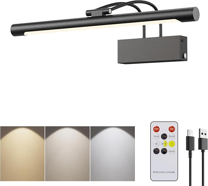 Picture Light,Wireless Rechargeable Gallery Light with Remote,5000mAh Dimmable Painting Art Lighting Battery Operated,16 inch Metal Picture Lights for Art,Paintings,Mirror,Black