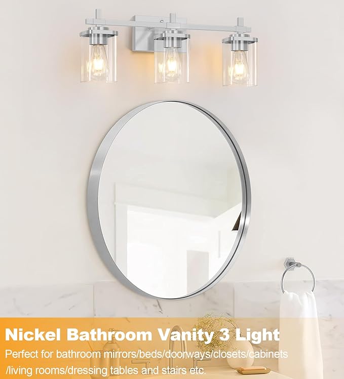Brushed Nickel Bathroom Light Fixtures, 3-Lights Bathroom Vanity Light with Glass Shades, Modern Vanity Lights for Mirror, Wall Lights for Living Room, Hallway, Cabinet, E26 Base