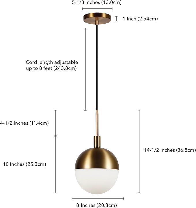 Henn&Hart 8" Modern Pendant Light Fixture with White Milk Glass Globe Shade and 8' Adjustable Cord for Kitchen Island, Dining Room or Game Room, Gold