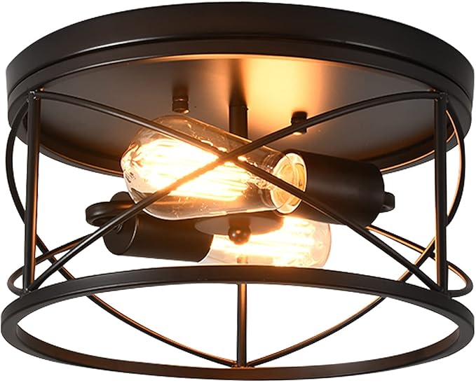 2-Light Flush Mount Ceiling Light Fixture, Industrial Modern Black Ceiling Lamp, Vintage Farmhouse Light Fixture for Hallway, Bedroom, Dining Room, Living Room, Kitchen, Entryway