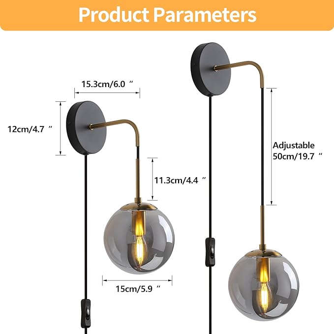 KUZZULL Wall Sconces Set of Two Black and Brass Gold Plug in Wall Sconces Set of 2 with Globe Smoke Grey Glass Shade Wall Lights Wall Lamps for Bedrooms Sconces Wall Decor Set of 2 with Plug in Cord