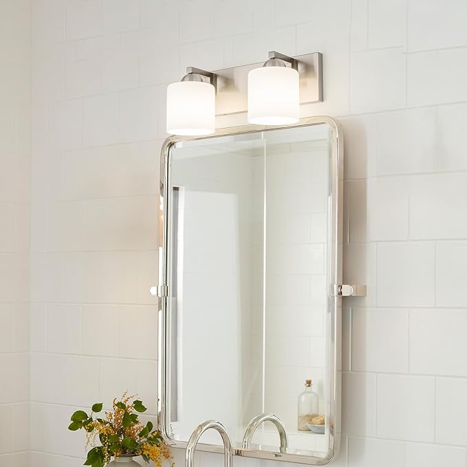 mirrea 16in 2-Light Brushed Nickel Vanity Lights for Bathroom, Vanity Lighting Fixtures with Etched White Glass Shades