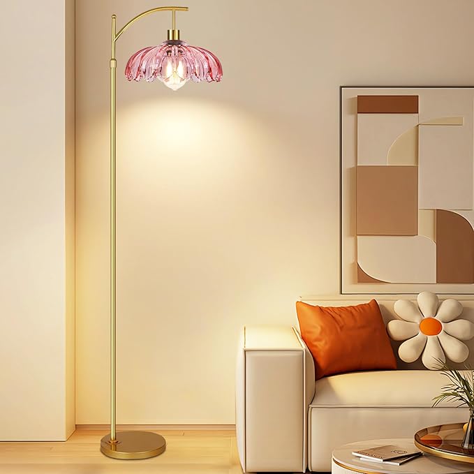 QIYIZM Pink Floor Lamp for Living Room,Bedroom,Gold Dimmable Standing Lamp with Remote,Mid Century Modern Brass Tall Lamp Boho Floor Lamps Arc Stained Glass Flower Floor Light Lamp Girls kids Bohemian