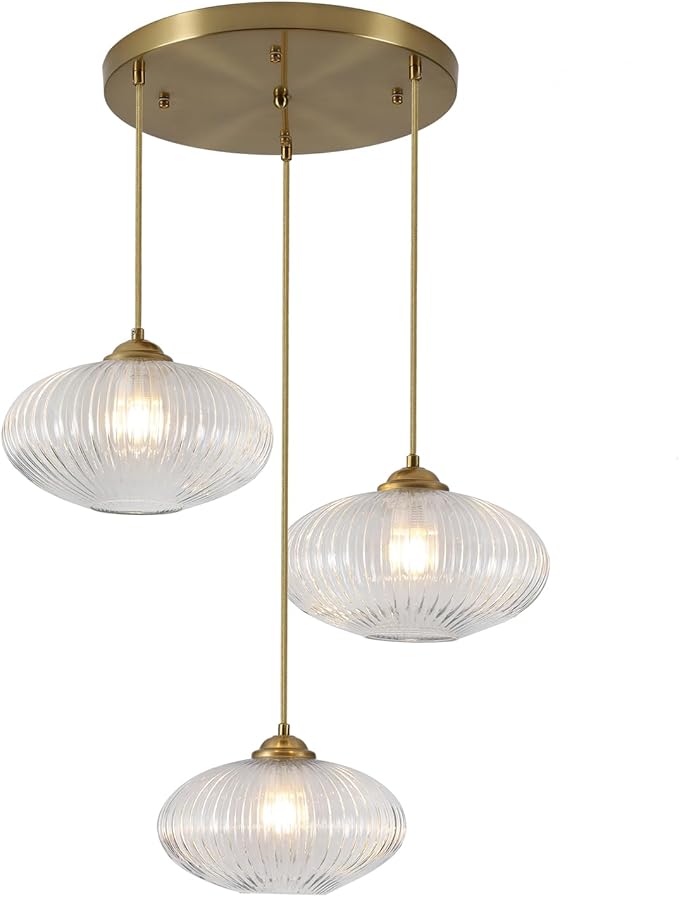 3 Light Pendant Lighting Clear Glass Cluster Pendant Lights Kitchen Island Modern Retro Adjustable Brushed Gold Hanging Light Fixtures Brass Cluster Chandelier for Bedroom Living Room MPL30-3D