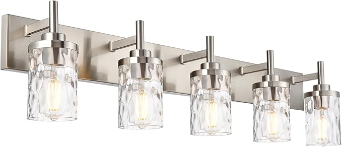 Bathroom Vanity Lighting Fixtures 5 Lights,Brushed Nickel Bathroom Vanity Lights with Clear Hammered Shade Wall Sconce Lighting Modern Farmhouse Bath Lighting