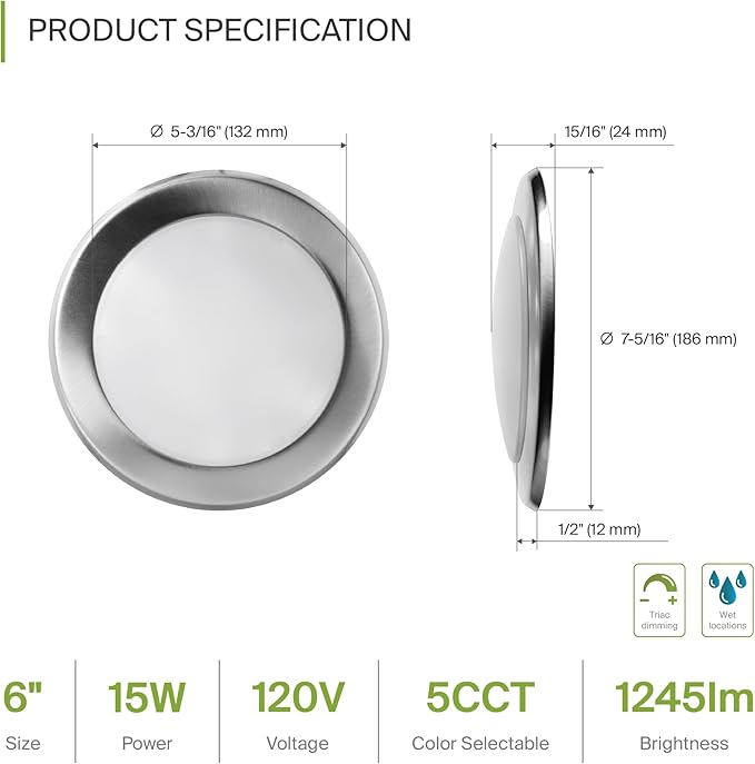 ASD 12 Pack LED Disk Lights 6 Inch, 15W 5CCT 2700K-5000K 1245LM CRI90+, Dimmable Flush Mount Ceiling Light Fixture, Low Profile Surface Mount Disc, Junction Box or Recessed Can Install, UL Energy Star