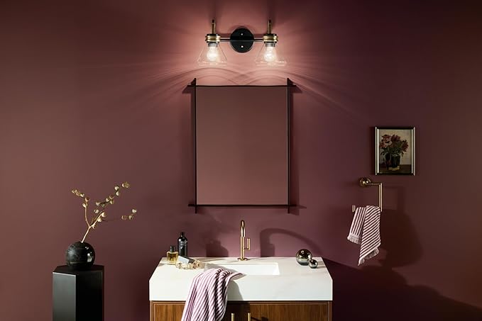 Kichler Farum 19.25" 2-Light Bathroom Vanity Light Fixture with Clear Glass in Black, Modern Wall Mount Light for Vanity Mirror Over Sink (19.25" W x 9.5" H), 55154BKCLR