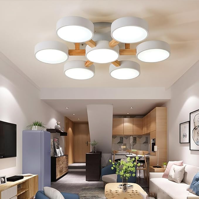 LED Ceiling Light Fixture,32 Inch 7-Lights Modern Ceiling Lights Flush Mount Wooden 84W Chandelier for Living Room Bedroom Kitchen,Dimmable 3000K/4000K/6000K Temperatures Selectable, White