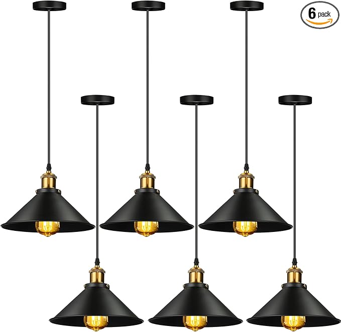Retisee 6 Pieces Industrial Pendant Lights E26 E27 Base Farmhouse Lampshade for Hanging Light Vintage Metal Shade Fixtures Barn for Kitchen Dining Room Home Bar Foyer(Black)